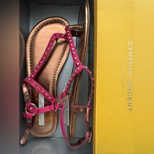 Cynthia Vincent Flat Sandals Pink with Gold Tone Grommets Sz 9.5 New in Box NWT